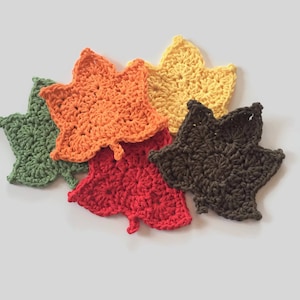Fall Leaves Cotton Crochet Coasters, Individually or a Set of 5, 100% Cotton Crochet Drink Coasters, Mug Rugs, Colorful Maple Leaf