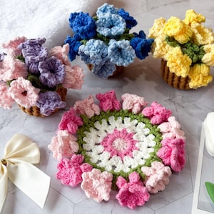 Handmade Crochet Flower Coaster with Basket Set,Crocheted lily of the valley coaster, handmade gift, Crochet Coaster, Gift For Mom,Cute gift