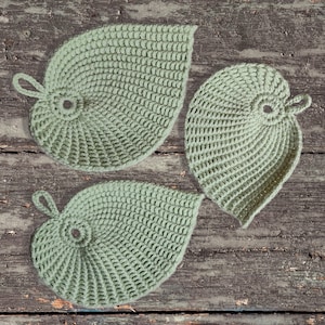 Crocheted Leaf Coasters - Green Acrylic Yarn, Set of 3