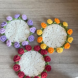 Crochet Flower Coaster, Handmade Crochet Rose Coaster with Basket, Crochet Flower Cup Holder, Cute Gift, Floral Gift for Her