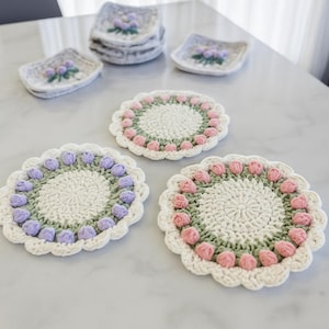 Crochet Tulip Coasters – Pastel Floral Cotton Coaster Set