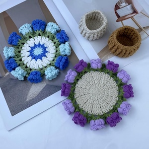Crochet Flower Coaster Set, Floral Home Decor, Housewarming Gift